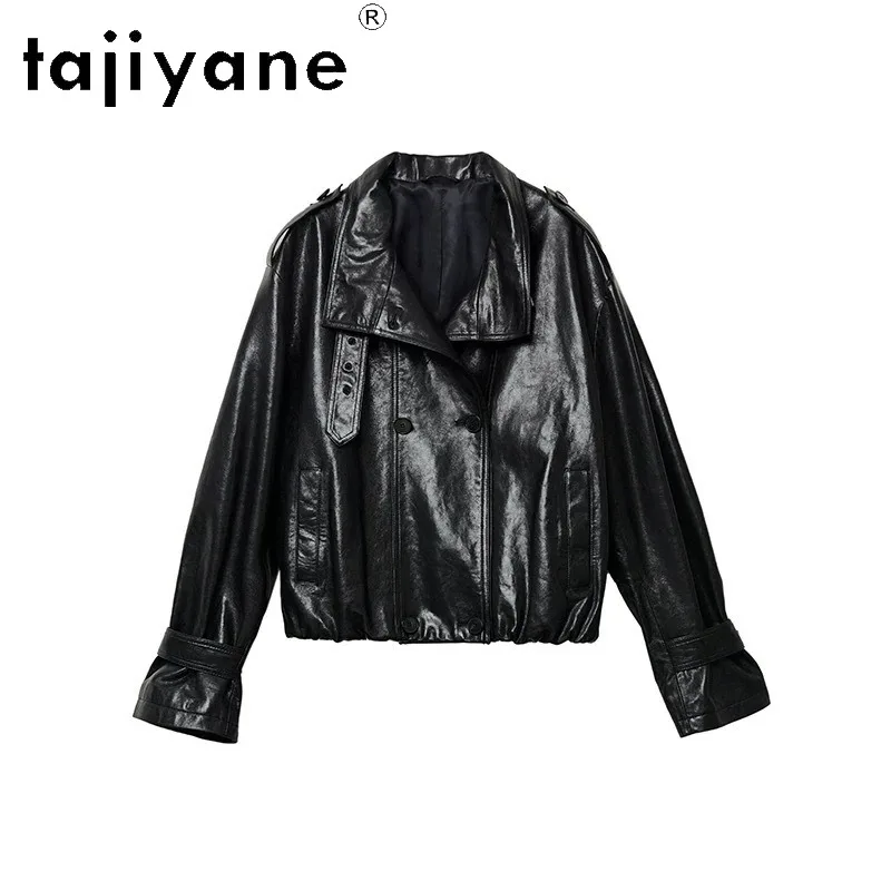 TAJIYANE Oil Wax Sheepskin Lady Overcoat Genuine Leather Jacket Woman Top Short Womens Winter Coats Black Jacket Streetwear