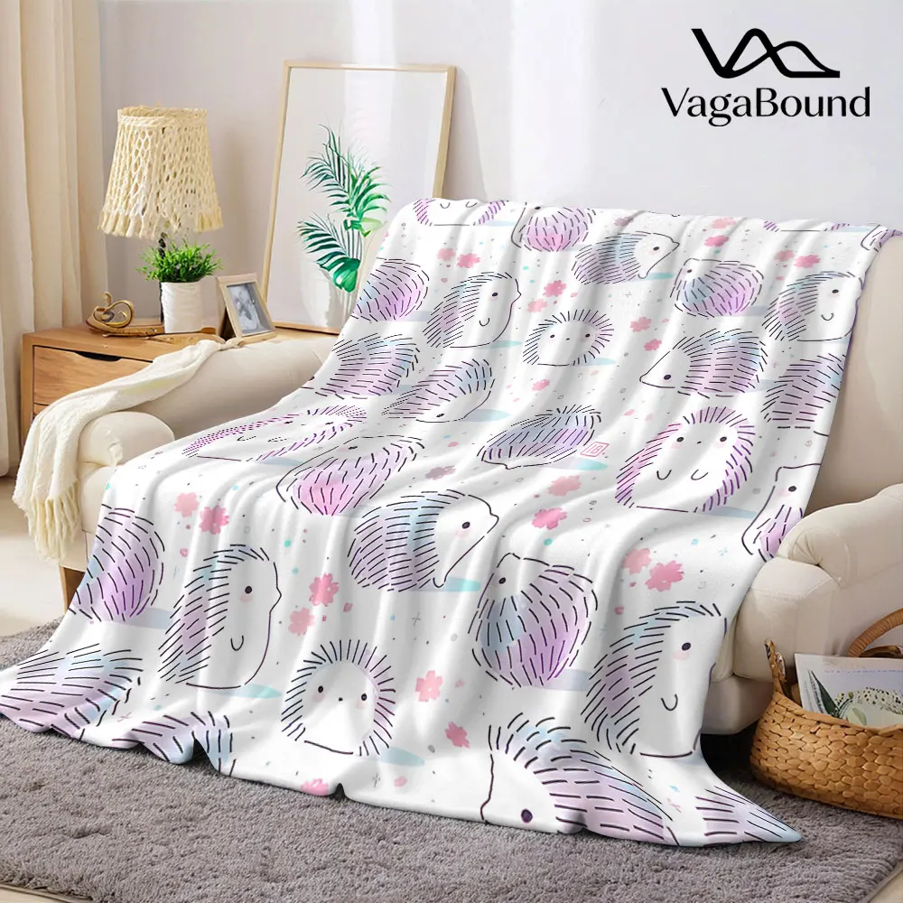 Pastel Hedgehog Print Flannel Blanket Warm Soft Halloween Christmas Decorative Couch Warm Cozy All-Season Gift