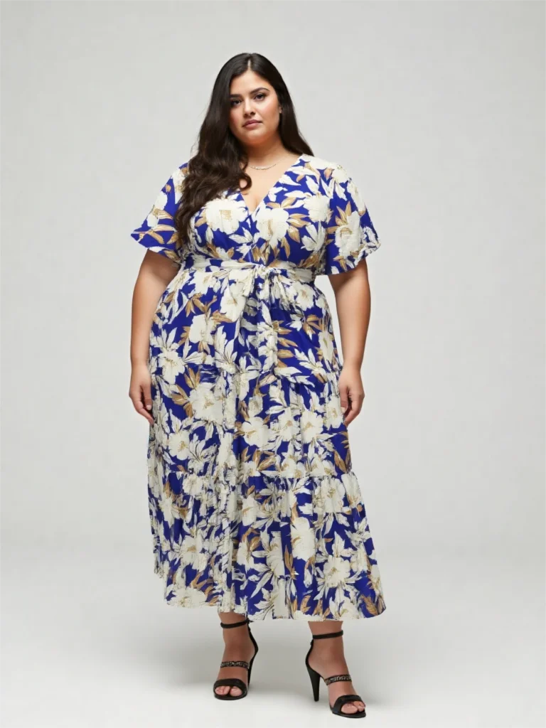 Sukienka midi ROSEGAL Plus Size z kwiatowym wzorem liści, zakładana na klatkę piersiową, z paskiem, elegancka, codzienna sukienka maxi dla kobiet, kolekcja wiosna-lato 2026.