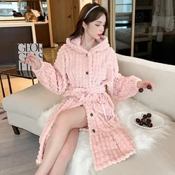 2023 Winter Long Sleeve Hooded Thick Warm Flannel Robes for Women Korean Coral Velvet Bathrobes Sleepwear Nightdress Night Dress