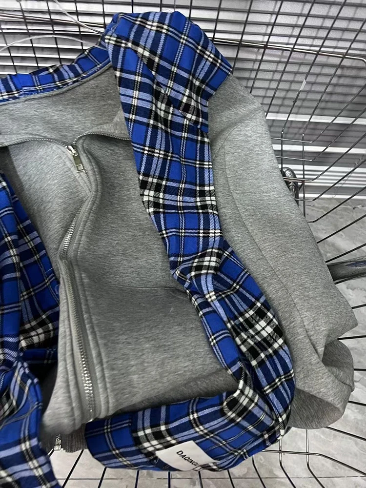 DEAT Modna moda damska Patchwork Plaid Fake Dwuczęściowy płaszcz B Seninal 2024 Jesienna kurtka z kapturem i długim rękawem Kobieta 33A1903