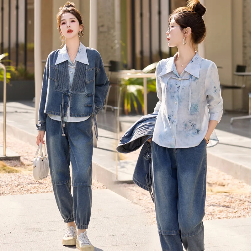 Three-piece Matching Sets Denim Suit Coat Jeans Women 2024 Spring Printed Shirts Jackets cropped ankle-tied Pants Fashion Slim