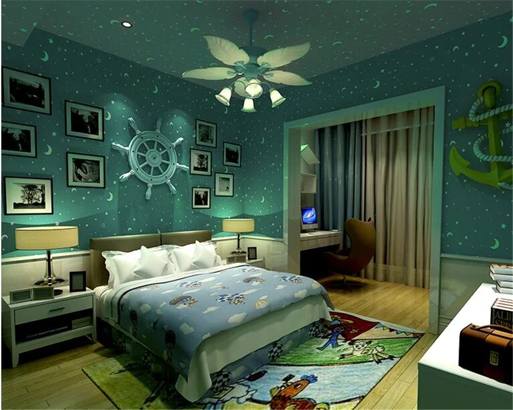 3D luminous children room ceiling wallpaper blue pink yellow white moon stars glow wall paper wall sticker behang Beibehang