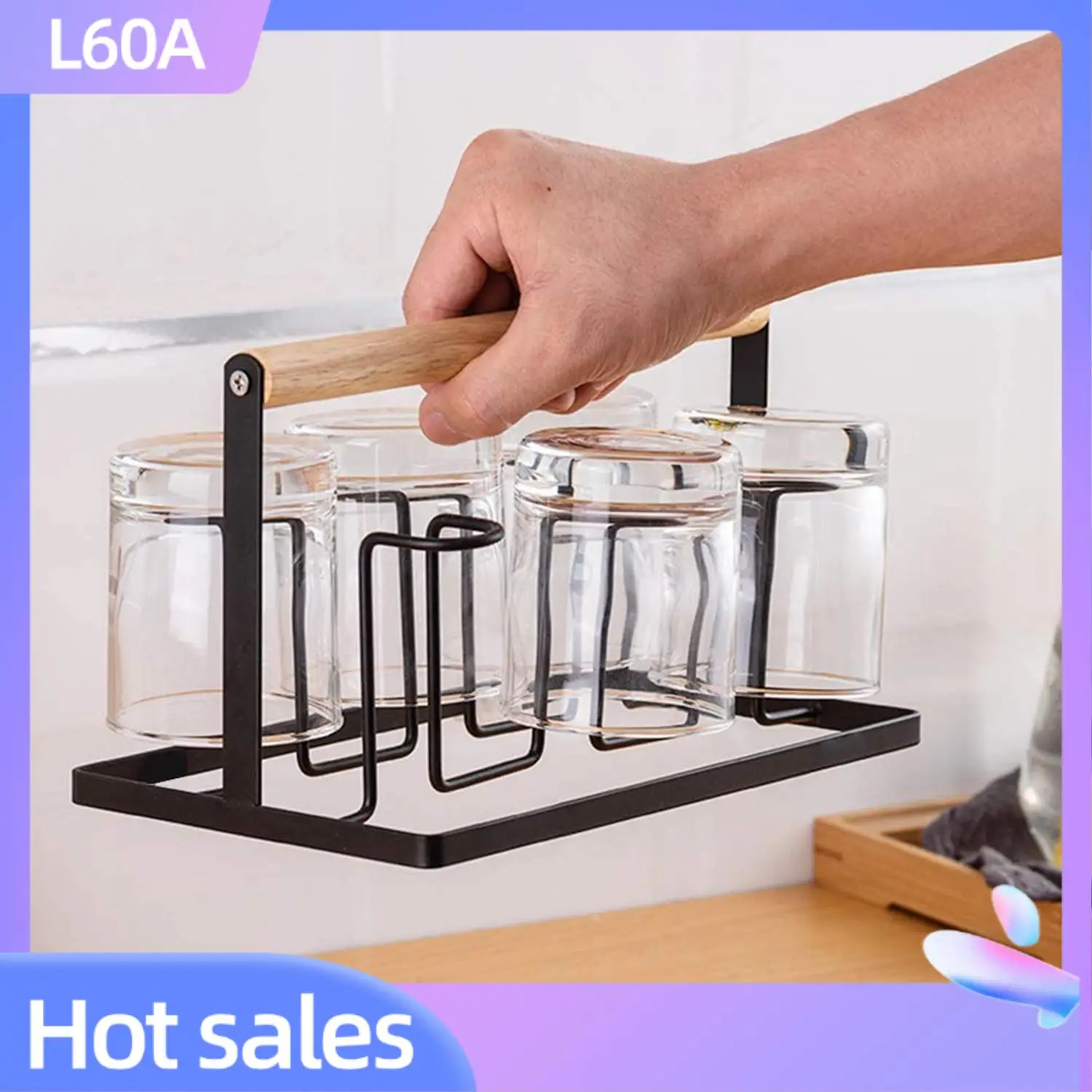 

L60A 2 Packs Mug Organizer Kitchen Cup Drying Rack With Wood Handle,Cup Drying Rack Stand Beer Glasses Rack