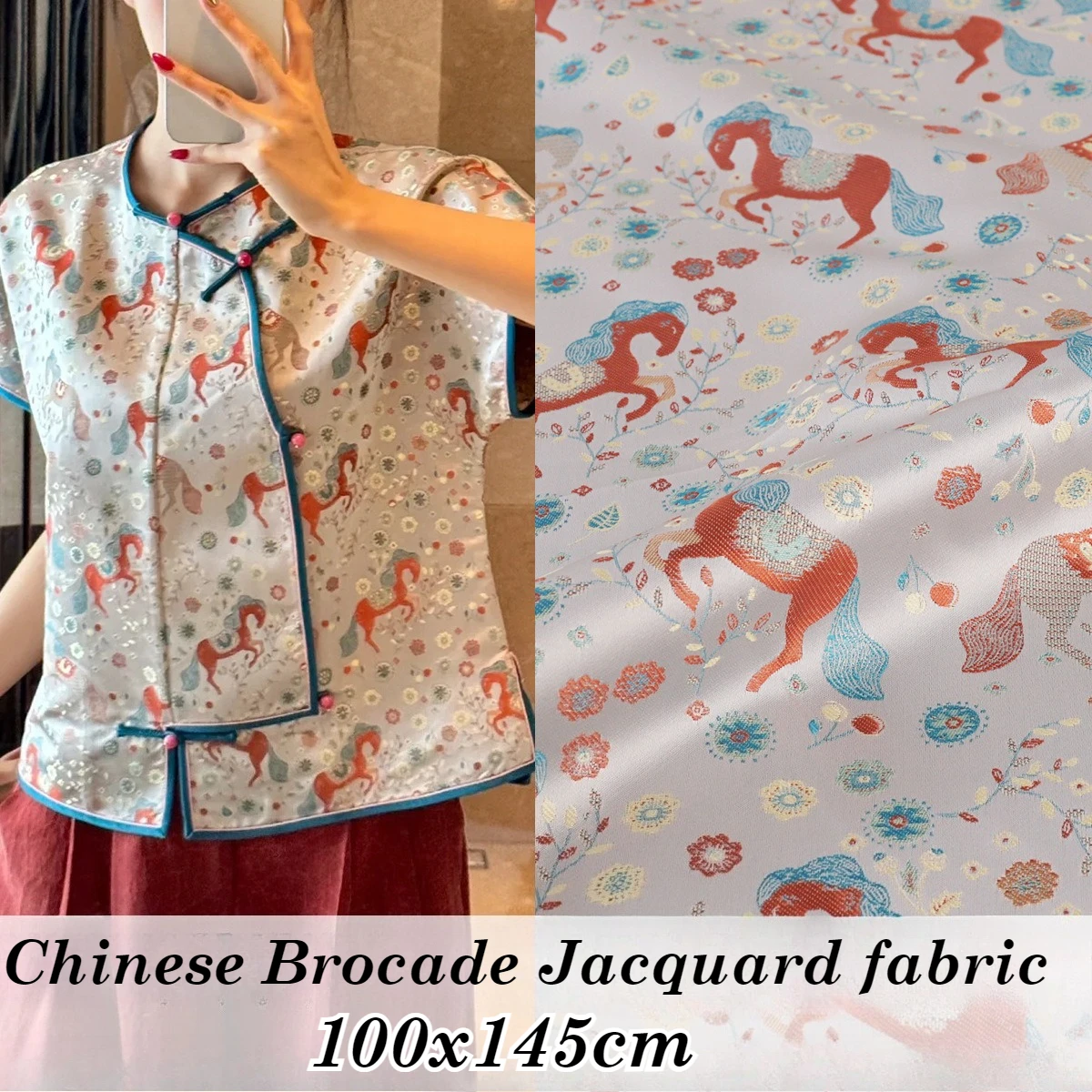 

Chinese Brocade Jacquard Horse Pattern Damask Fabrics for Diy Cheongsam Dress Sewing Material By Meter
