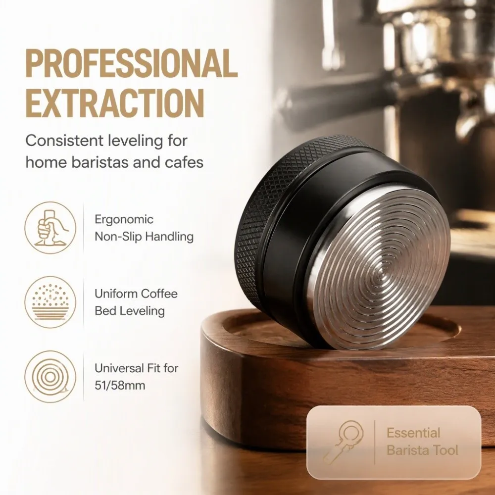 Height Adjustable Coffee Distributor Non-Slip Thread Base 51mm Coffee Tamper Non-Slip Handle Stainless Steel Coffee Tamping Tool