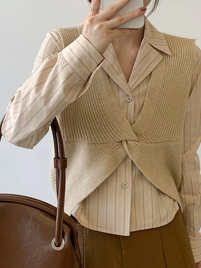 

Loose V-Ne Knitted Vest Women's Faionable Knot Design Autumn Collection Slimming Outerwear Set Casual Comfortable Sle