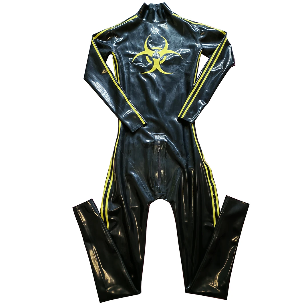 Sexy Herren Latex Gummi Catsuit schwarz und gelb Gummi Fetisch Bodysuit Cosplay Overall hand gefertigte Kostüme rlcm189