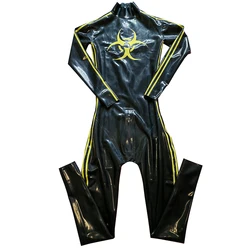 Sexy Mens Latex Gummi Catsuit Black and Yellow Rubber Fetish Bodysuit Cosplay Jumpsuit Handmade Costumes RLCM189