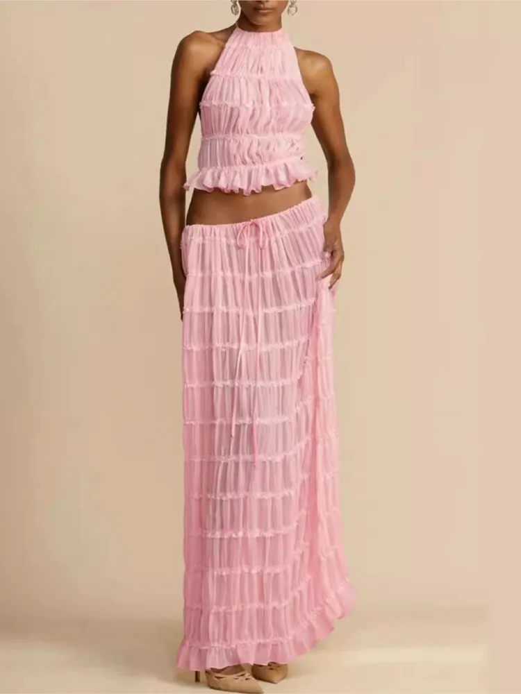 

Summer British Style Sleeveless Comfortable Casual Skirt Set Women's Fashion Sexy Backless Hanging Neck Lace Vest Long Skirt Set