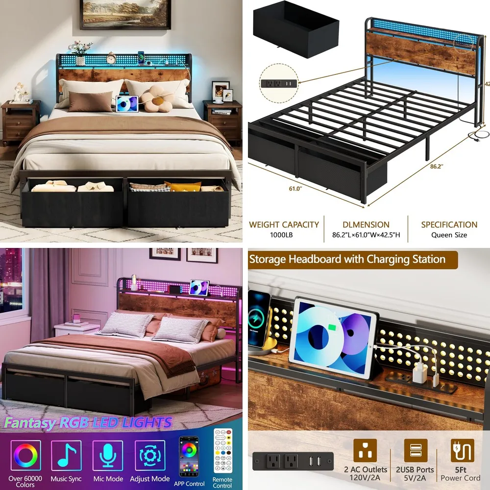 

Queen Size Bed Frame with Storage Drawers, Charging Station, LED Lights, Noise Free, Easy Assembly, No Box Spring Needed