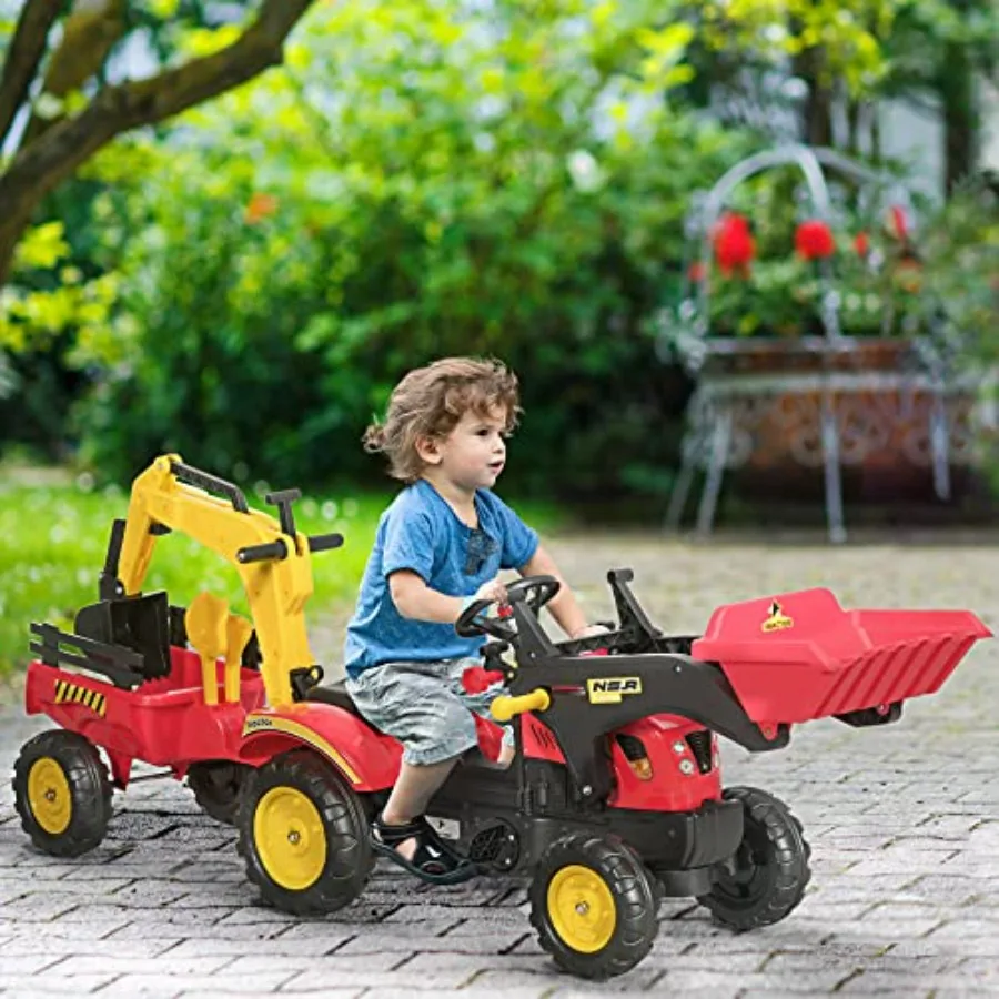 ride-on excavator/bulldozer for outdoor play, steel frame with blue and yellow finish, 6-wheel mobility and detachable cargo tr