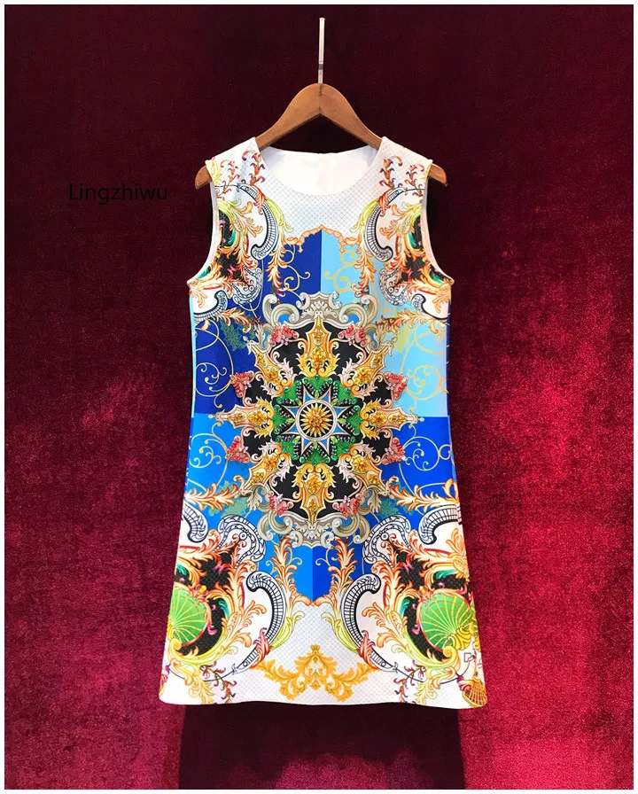 

Lingzhi Wu Print Dress French Vintage Handmade Beading Slim Elegant Sleeveless Luxury Vestidos Top Quality Female New Arrival