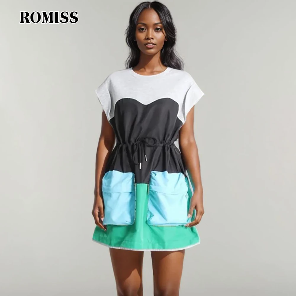 ROMISS Hit Color Patchwork Pocket Dress For Women Round Neck Flying Sleeve High Waist Spliced Drawstring Loose Dresses New