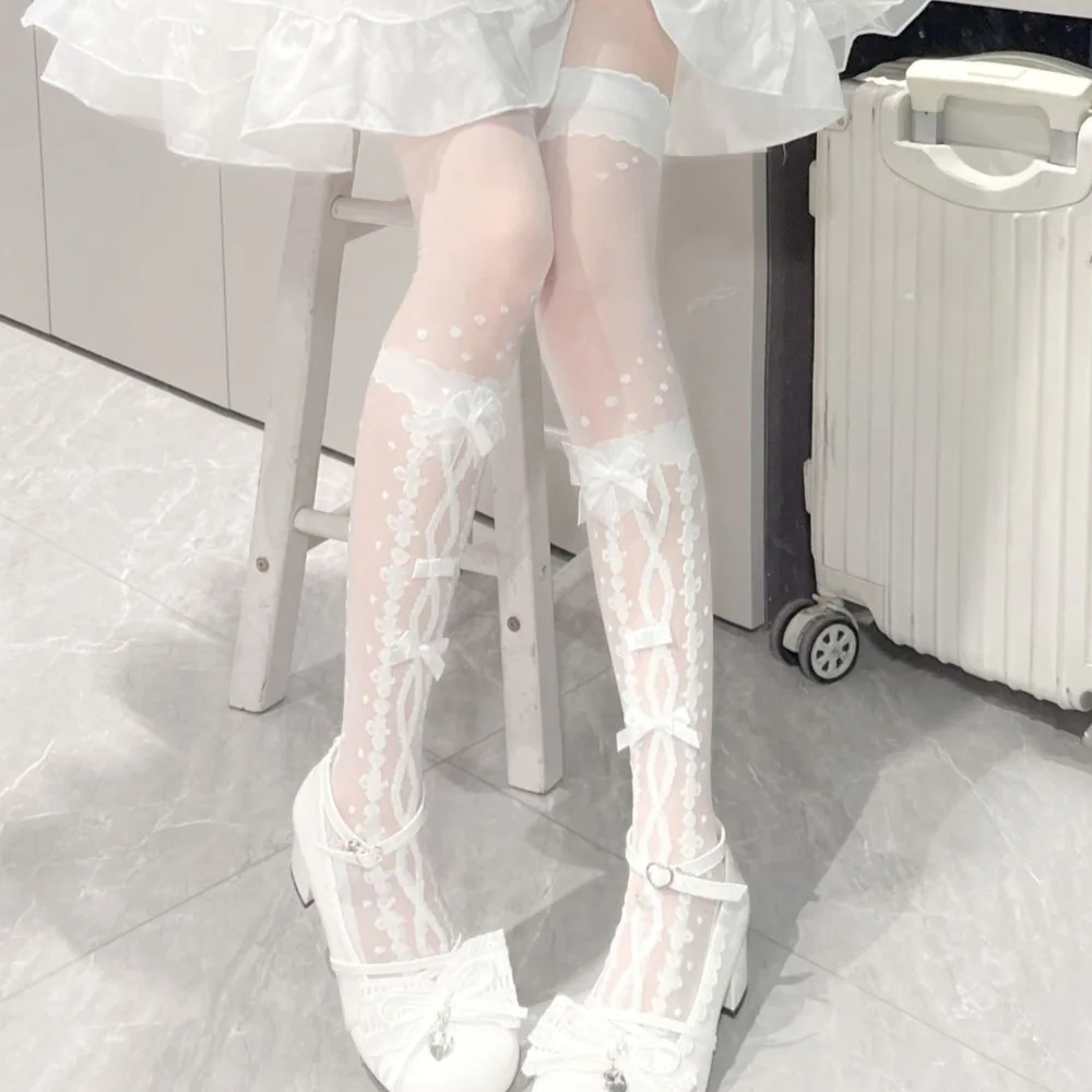 

Sweet Lolita Over Knee Sock Glossy Sheer Thigh High Sock Japanese Fashion White Color Cross Bow Crystal Ribbon Stockings