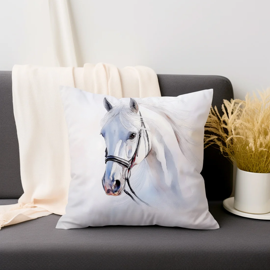 1pc Watercolor White Horse Print Throw Pillow Cover,Suitable for Sofa,Bedroom,Living Room,an Elegant Gift for Equestrian Lovers.