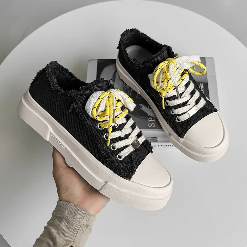 

PopNew Design Black Men's Canvas Shoes Cut Platform Skate Shoes For Men Fashion Lace-Up Vulcanize Shoes For Men Zapatos De L