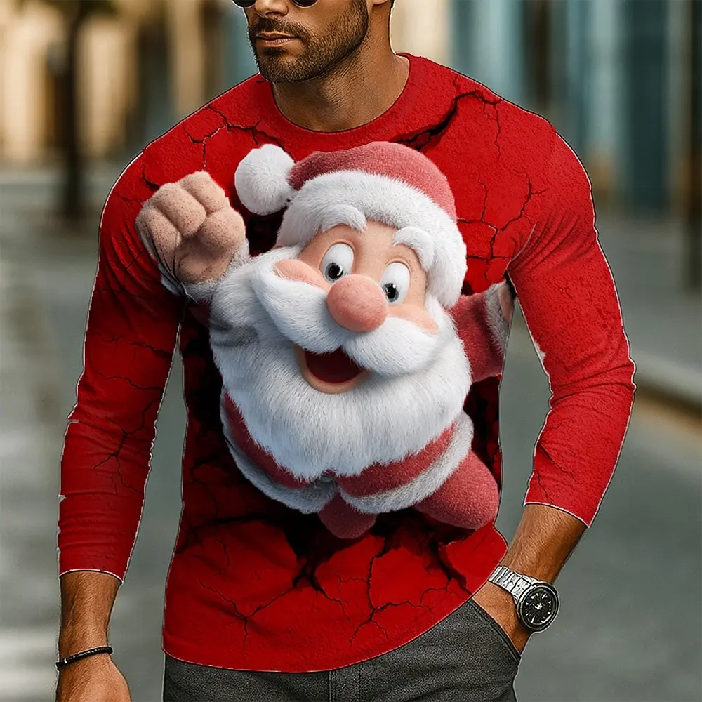 2025 Christmas Men's 3D Printed funny Santa Claus Long Sleeve T-Shirt,O-Neck Tees Trendy Street Style Autumn Winter Casual Tops