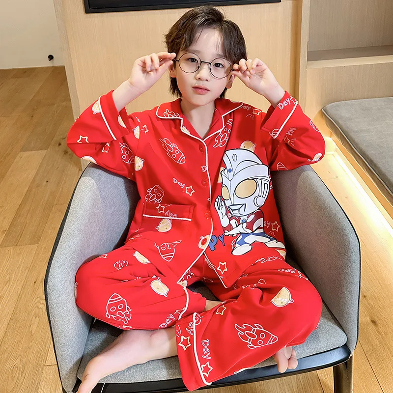 Ultraman Superman cartoon spring and autumn children's cotton pajamas Pikachu boys cute lapel cardigan loose thin loungewear