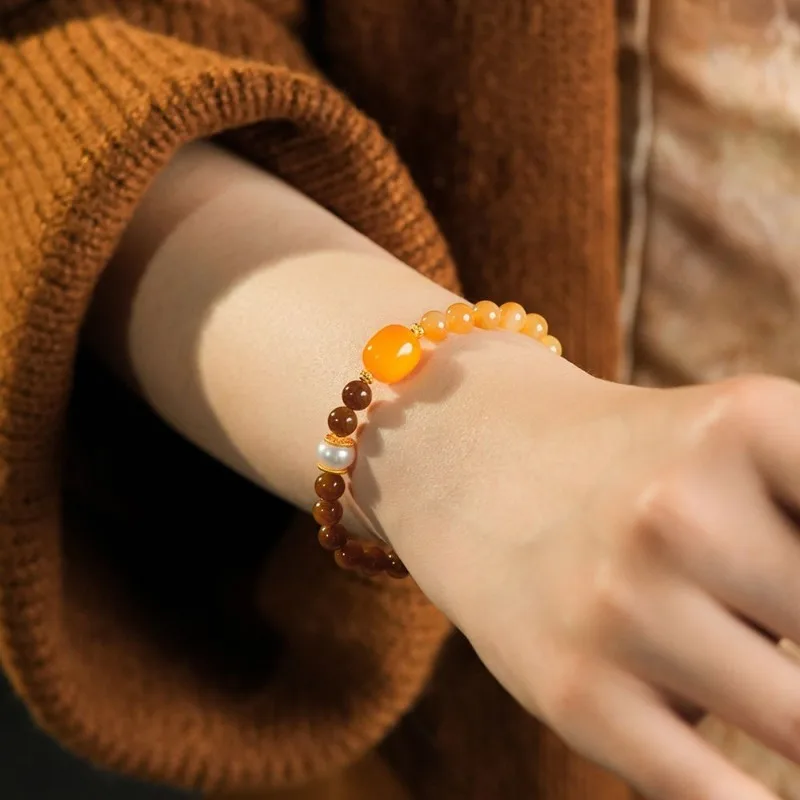 Chicken Fat Yellow Amber and Gold Plated Hetian Jade Treated Fortune Bead Bracelet for Women Daily Wear Good Luck Jewelry Gift