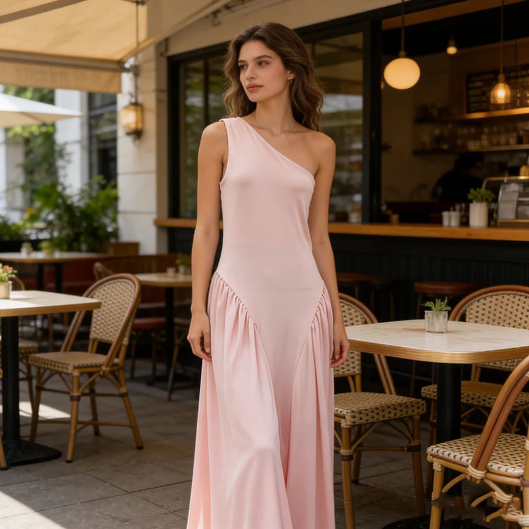 Sommerkleid mit schräger Schulterpartie, neuer Stil mit Taillenbetonung, modische Falten, sexy figurbetontes Kleid.