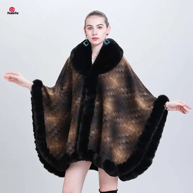 

Thicken Lining Woolen Faux Rabbit Fur Cloak Overcoat Women Fashion Novelty Winter Coat Cape V Lapel Big Long Shawl Cardigan