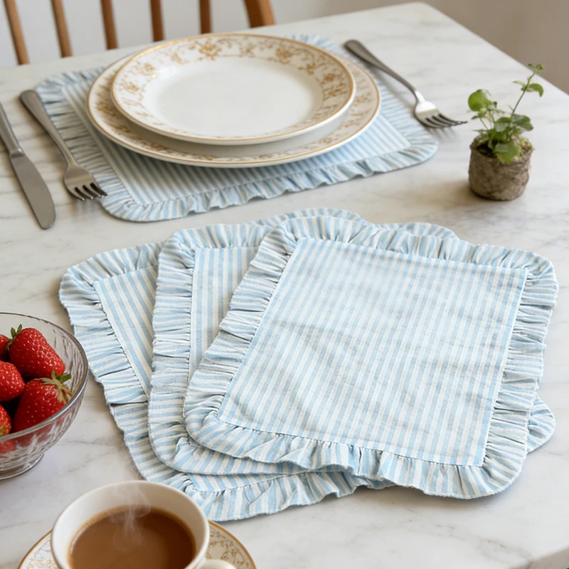 Minimalist Stripe Ruffle Placemat Coffee Table Mat, Baking Food Photography Napkin Home Desktop Decoration