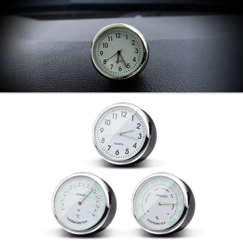 Detachable Car Dashboard Luminous Clock 3 In 1 Thermometer Hygrometer Mini Quartz Watch Auto Interior Ornament Decor Accessories