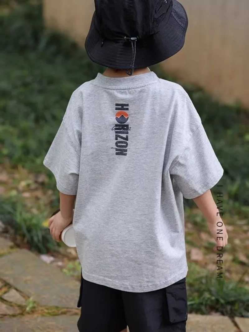 Kids' Boys' 100% Cotton Short Sleeve T-Shirt Summer New Mountain Letter Print Loose Fitting Versatile Fashion Top