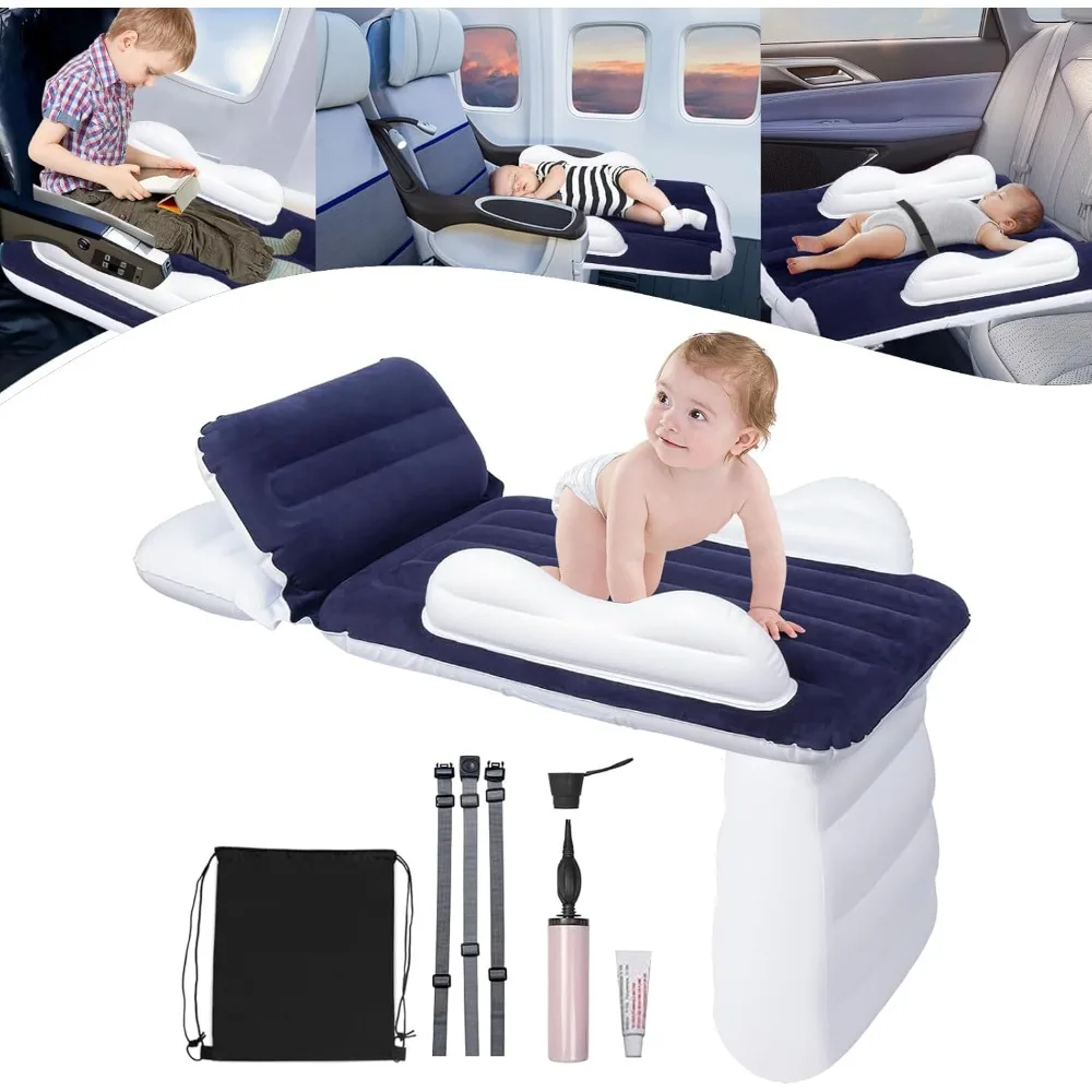 Cama inflable para avión para niños, camas de viaje para avión para niños de 3 a 5 años (azul oscuro), cama de viaje inflable para niños pequeños con bomba, cinturón de seguridad