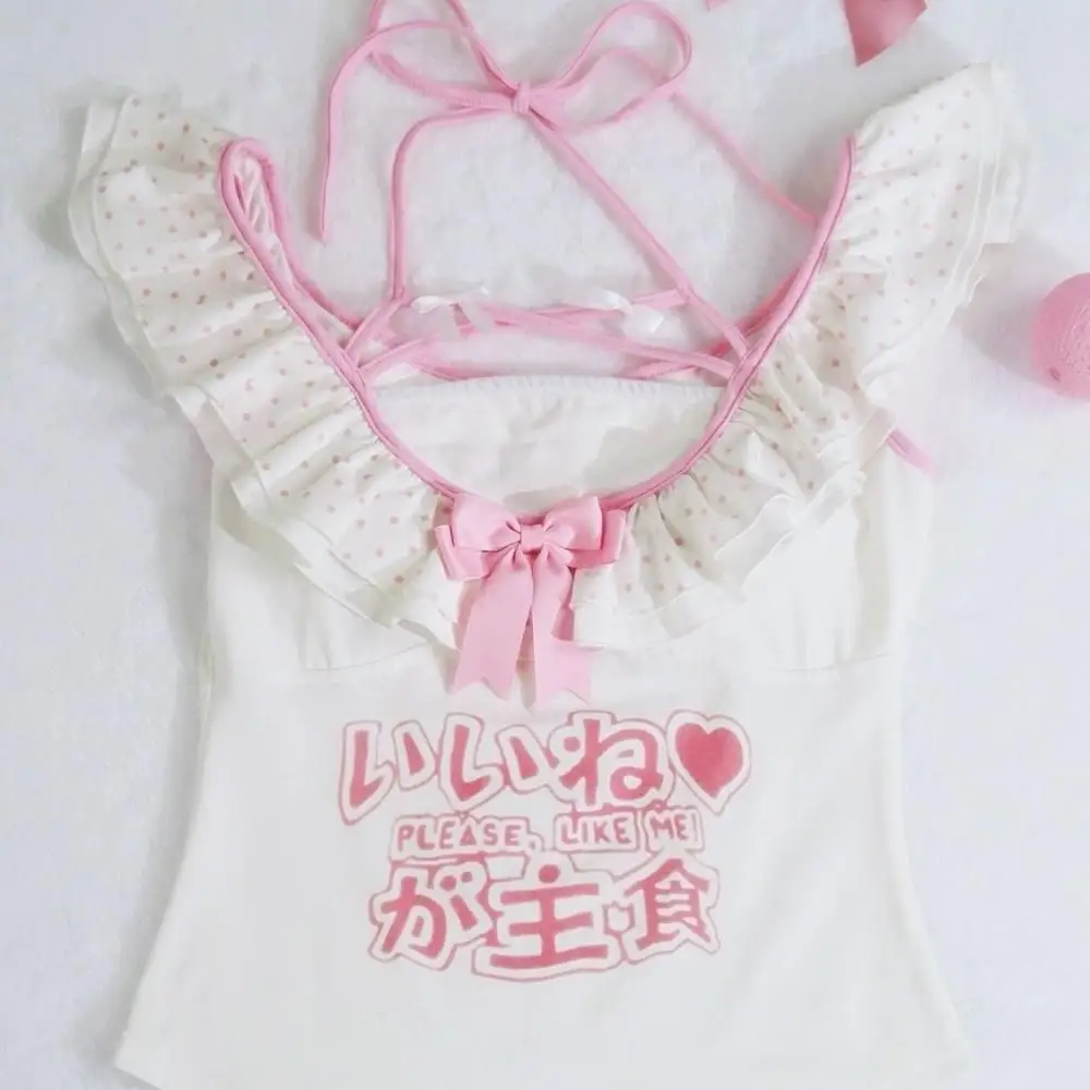 Japanese Cute Sweet T-Shirts Skirt Suit Summer Women Sleeveless Vest Y2K Girls Tie Up Necktie Fake Two Piece Slim Fit Tops