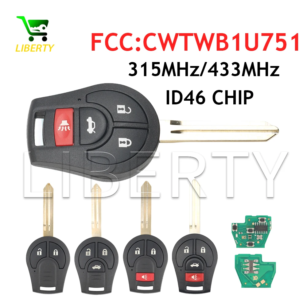 

2PCS 315/433MHZ ID46 Chip FCC: CWTWB1U751 For Nissan Sylphy Cube Juke Rogue Micra Qashqai Altima Maxima Sentra Versa Transmiter