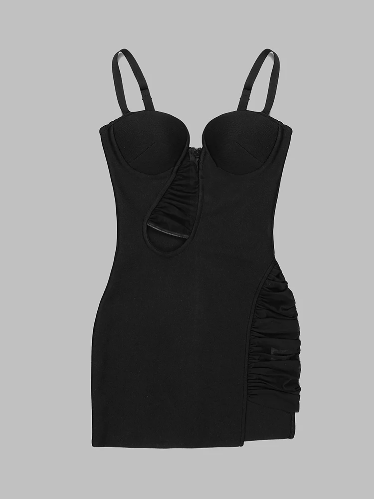 Sexy Sleeveless V Neck Mesh Patch Bandage Dress Women Black Spaghetti Strap Hollow Mesh Mini Bodycon Dress Celebrity Party Dress