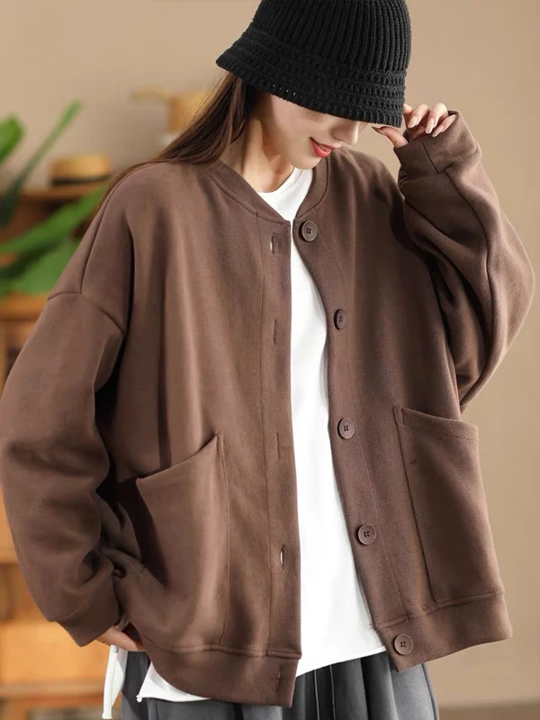Loose Knitted Baseball Jacket Women's Autumn Winter Casual Stand Collar Composite Outerwear Comfortable Breathable Cotton
