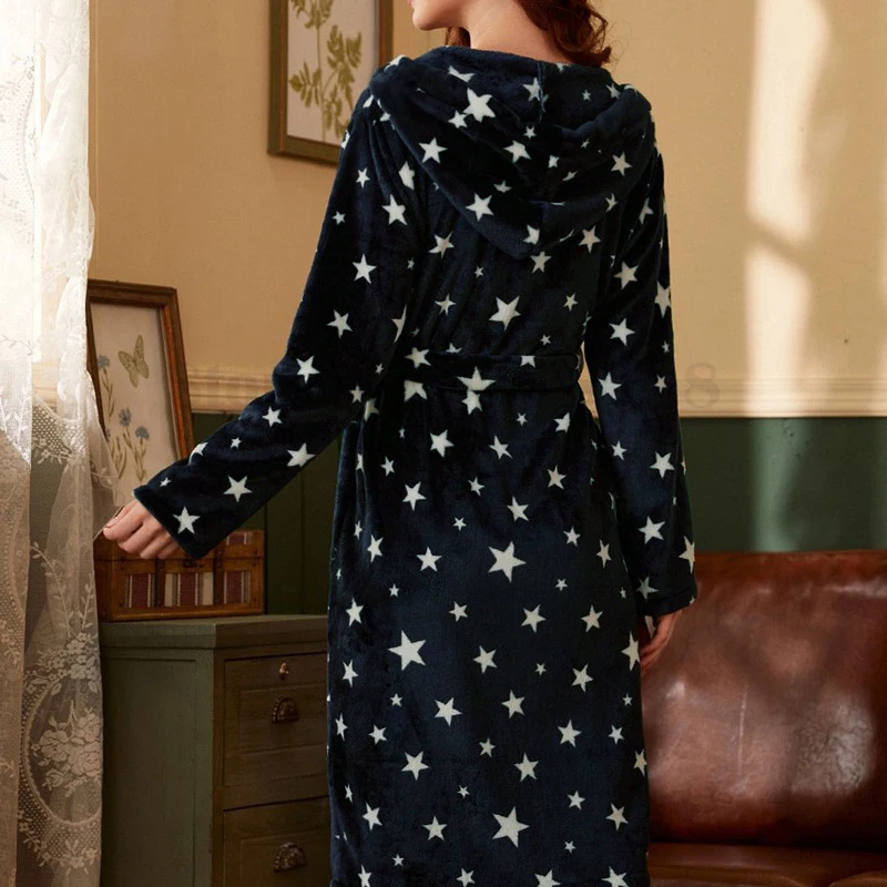 Star Printed Robe Autumn Winter Flannel Nightgowns Fashion Hooded Bathrobe Kimono Gown Intimate Lingerie Chemise Nightdress