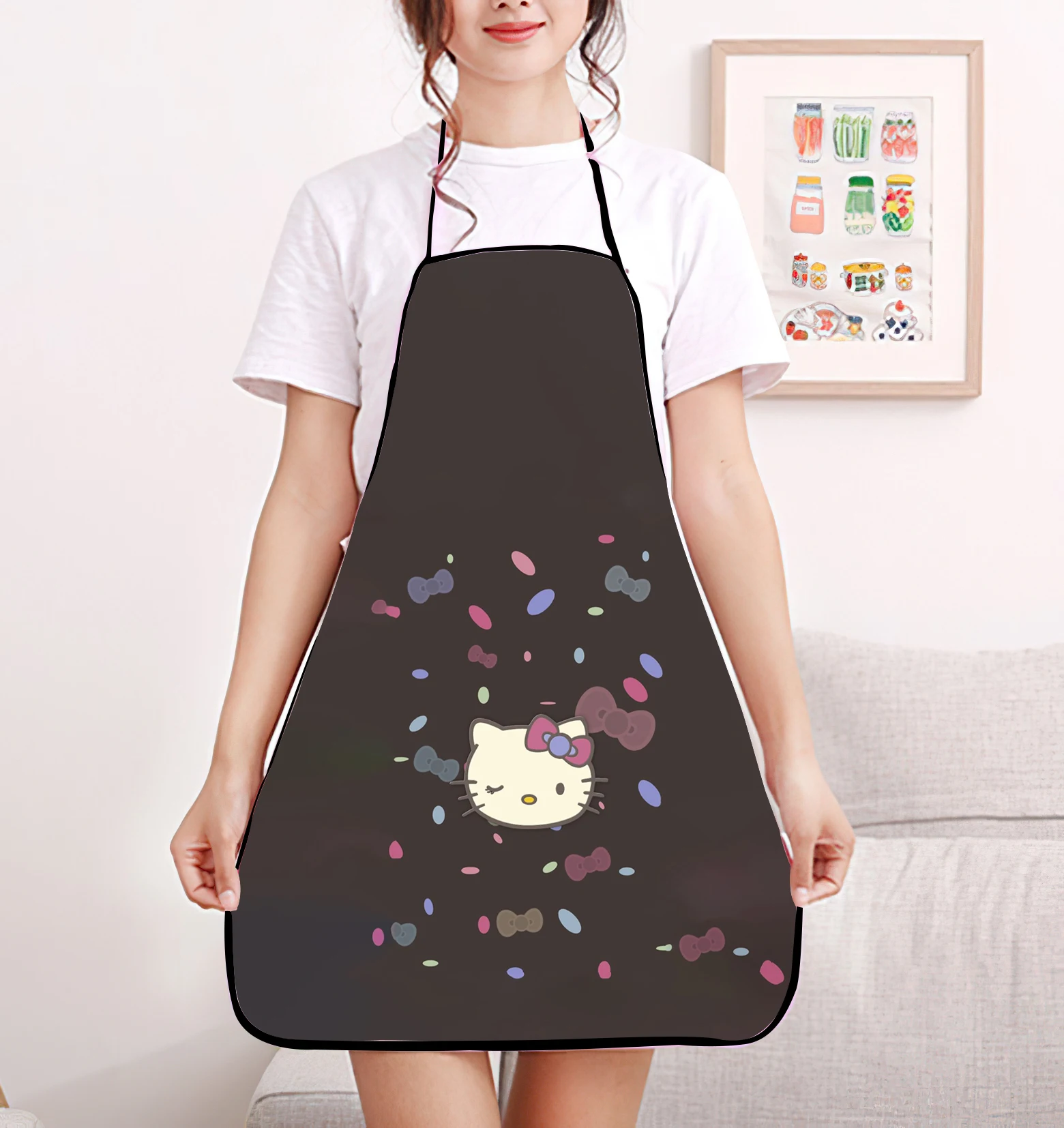 HelloKitty Cute Printed Pattern Bib Apron - Adjustable One Size Design, Durable Polyester Material, Non-Stretch Fabric, Great fo