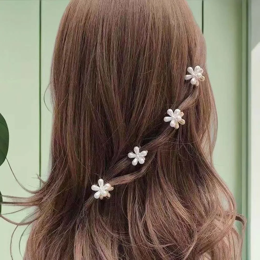 

10pcs Sweet Pearls Flower Hairpin Resin Gradient Color Mini Hair Claw Headwear Alloy Women Side Clip Party