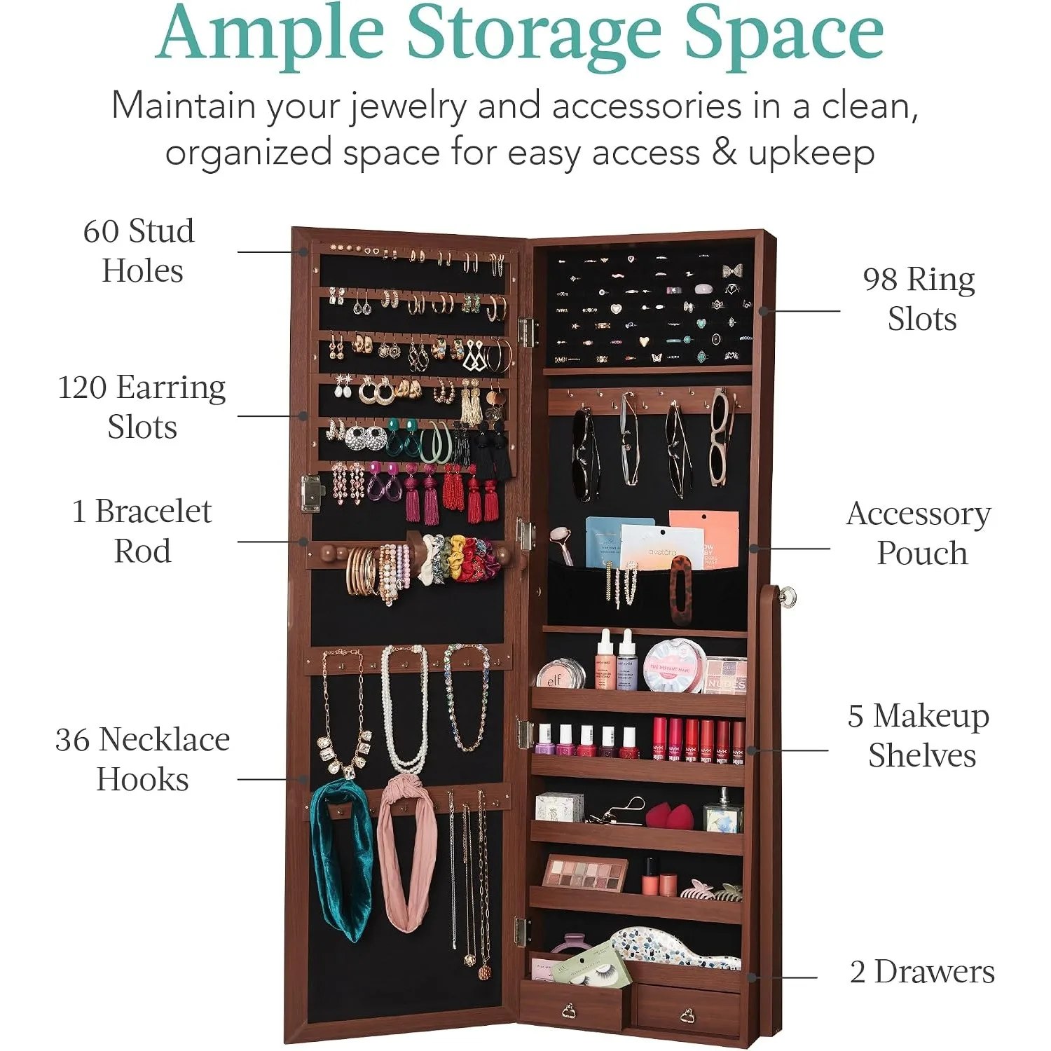 Freestanding Jewelry Armoire Cabinet, Full Length Standing Mirror, Lockable Makeup Storage Organizer, w/Velvet Lining, 3 Angles, Lock, Accessory Pouch, 5 Shelves - Walnut