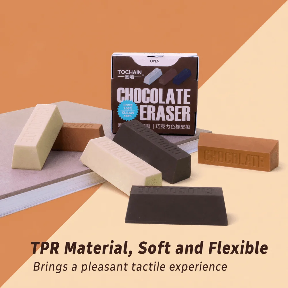 3Pcs/Set New Soft TPR Chocolate Design Eraser Less Dust Fun Shape Pencil Eraser Painting Mini Chocolate Stick Eraser For Student