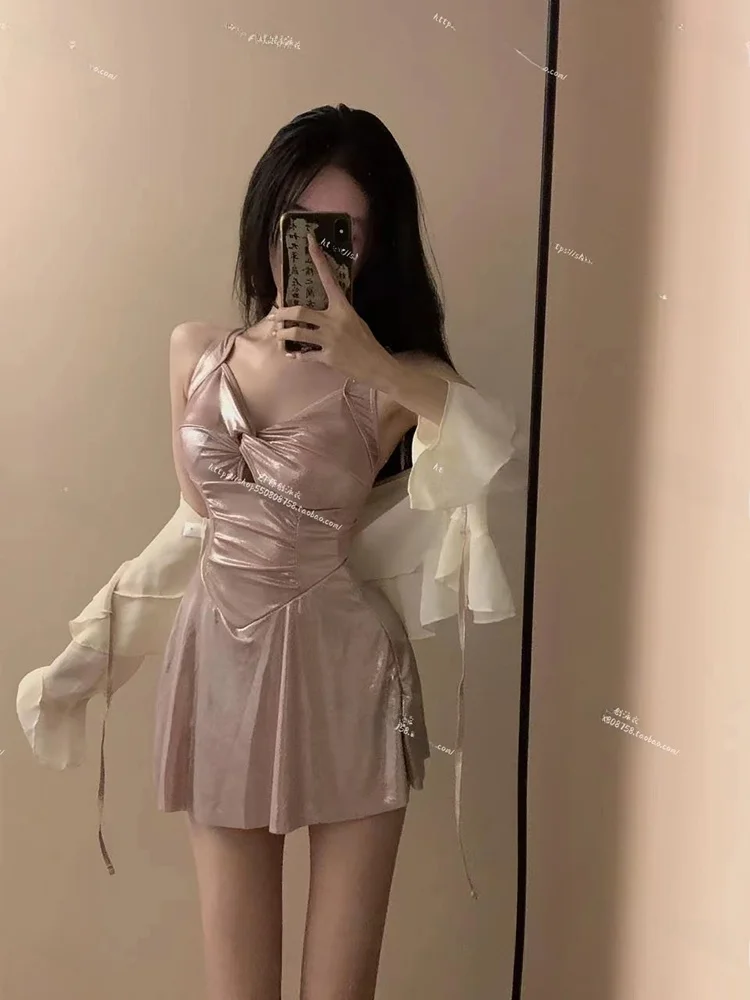 

Сверкающий слитный купальник для женщин, для термальных источников, для небольшой груди, летний, в корейском стиле INS, повседневный, для девушек