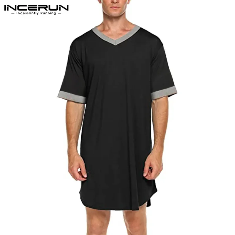 INCERUN New Men's Nightgown Fashion Patchwork Sleep Robe Solid Sleepwear Short Sleeve Bathrobe Loose V Neck Homewear S-5XL 2022