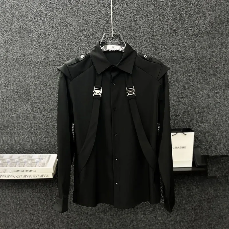 New Niche Metal Splicing Suspenders Men's Long-sleeved Loose Casual Versatile Shirt