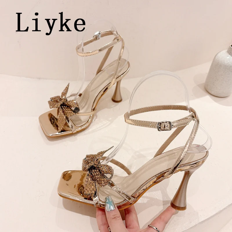 Liyke Fashion Design Crystal Bowknot Square Toe Elegant Sandal Women Wedding Party Shoes Gladiator High Heels Ladies Gold Silver