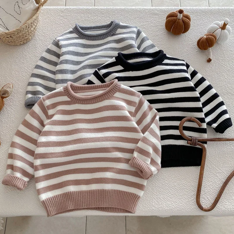 الأطفال محبوك سترة الفتيان الفتيات مخطط البلوز الاطفال الخريف الشتاء سترة أنيقة تحمل شعار لعبة البيسبول طفل ملابس دافئة غير رسمية 1-6Y #1