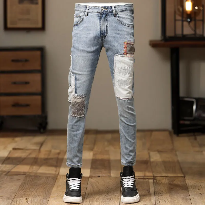 

High Street Fashion Men Jeans Retro Light Blue Stretch Skinny Fit Ripped Jeans Men Patched Designer Hip Hop Denim Pencil Pants