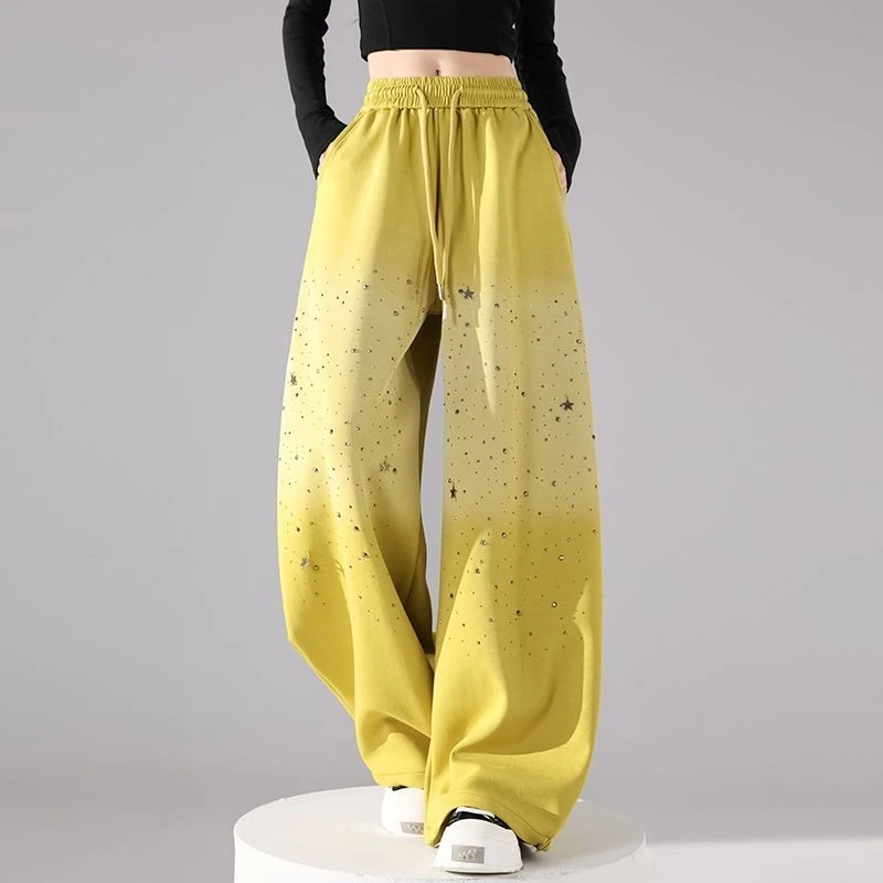 Fall Winter Women Gradient Rhinestone Star Sweatpants Elastic Waist Wide Leg Curved Hem Street Style Pants