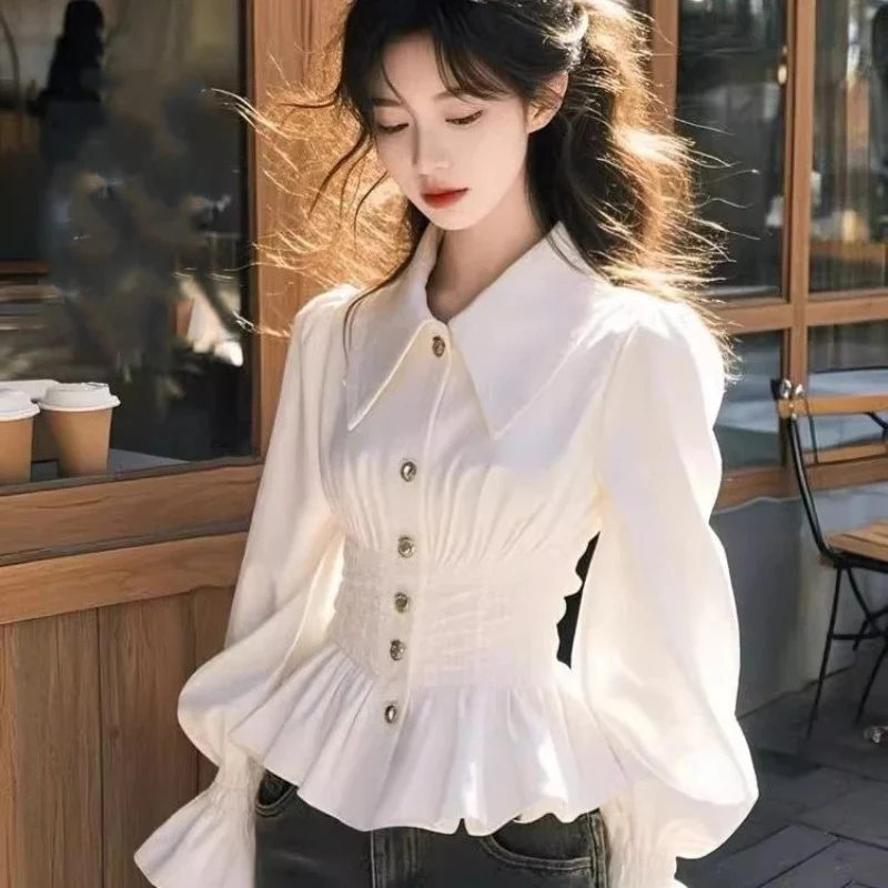 Style coréen doux élégant blanc femmes chemise Vintage lanterne à manches longues Blouses minces mode japonaise bureau dame princesse haut