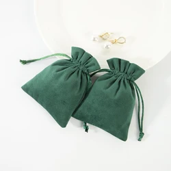 5Pcs/lot Dark Green Suede Jewelry Bag Soft Velvet Fungus Open Style Drawstring Packaging Storage Pouch Rings Earrings Organizer