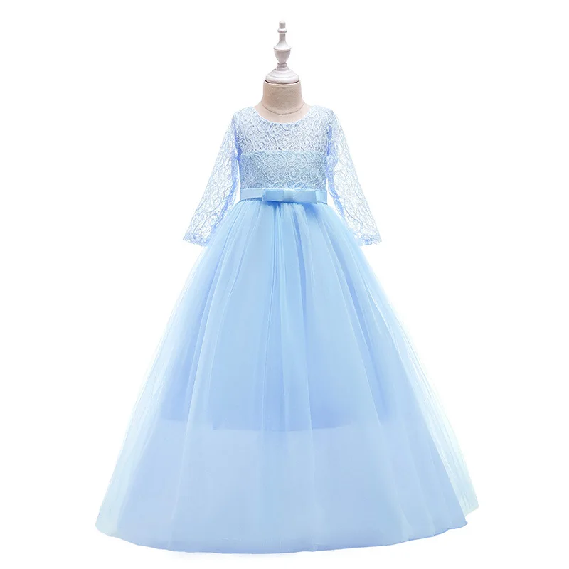 Girls Lace Embroidered Bow Princess Dress Long Sleeve Tulle Gown For Toddler First Communion Bridesmaid Wedding Birthday Party