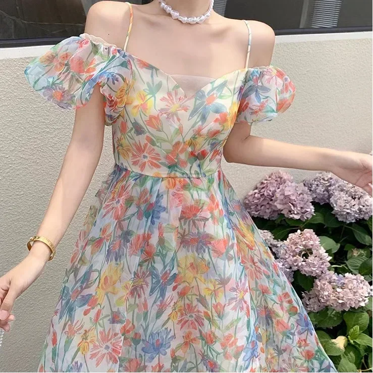 Vestido de mujer de manga larga con cuello en V hasta la rodilla estilo vacaciones en la playa vestido de cumpleaños con diseño sin espalda con estampado Floral de verano 2025 nuevo